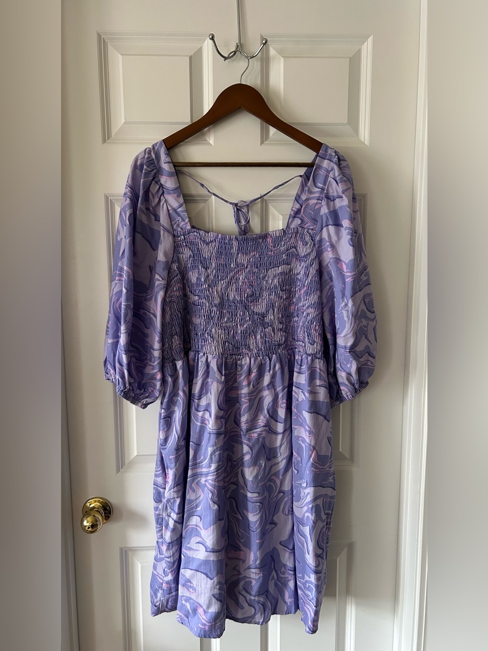 Ava & Viv Lilac Marble-Print Smocked Midi Dress
